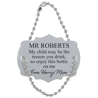Image of Personalised Teacher Reason You Drink Metal Wine Bottle Tag Label End of Term Thank Gift