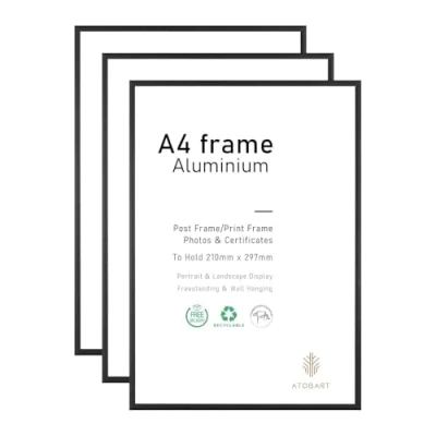 Image of A4 Photo Frame, 3 Pack 21x30cm Black Aluminium Picture Frame,Certificate Frame for Wall Mount or Table Top Display (Black Aluminium)