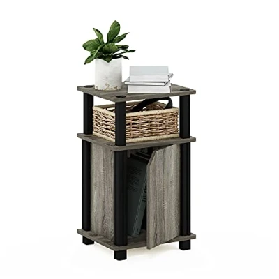 Image of Furinno Brahms 3 Tier End Table, Side Nightstand with Door, French Oak/Black