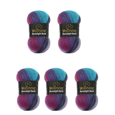 Image of Wollbiene Moonlight Batik 5 x 100 g Knitting Wool 500 for and Crocheting 20% Turkish Gradient (5960 Berry Purple Turquoise)