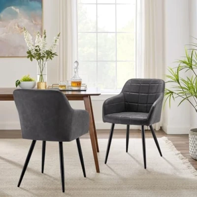 Image of CLIPOP Faux Leather Dining Chairs Set of 2, Lounge Reception with Arms and Metal Legs, Padded Accent Armchair for Kitchen Room, Living Room Corner Bedroom