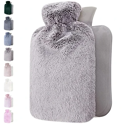 Image of Qomfor Hot Water Bottle with Fluffy Cover Soft Premium Faux Fur 1.8l Large Capacity Bag for Cosy Nights, Pain Relief, Back, Neck and Shoulders Great Gift Women (Light Grey)