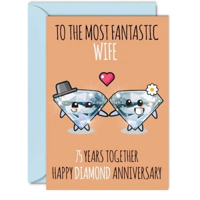 Image of Cute Diamond Anniversary Card for Wife 75 Years Together Happy 75th Wedding Cards from Husband, A5 Greeting Seventy Fifth Anniversaries