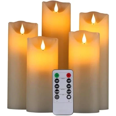 Image of HANZIM LED Candles,Flameless Candles 5&quot; 6&quot; 7&quot; 8&quot; 9&quot; Set of 5 Real Wax Battery Candle Pillars, Realistic Dancing Mood and 10 Key Remote Control with 24 Hour Timer Function (Ivory)