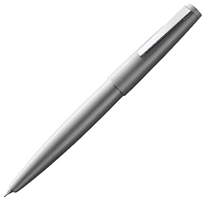 Image of Lamy 2000 silver elegant fountain pen in a velvety matt polished stainless steel barrel 14 ct. gold nib, partially platinum plated nib size OM