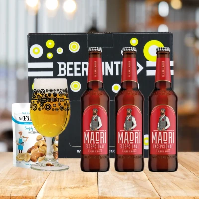 Image of Madrí Exceptional Spanish Lager 330ml Bottles Gift 3 Pack with Branded Glass Beer Gifts for Men and Women, Set, Birthday Beer, Craft Gifts, World Beers