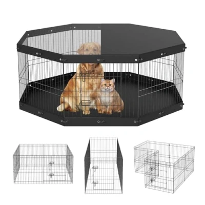 Image of VEVOR Dog Playpen, 8 Panels Foldable Metal Exercise Pen with Top Cover and Bottom Pad, 24&quot; H Pet Fence Puppy Crate Kennel, Indoor Outdoor for Small Medium Pets, Camping, Yard