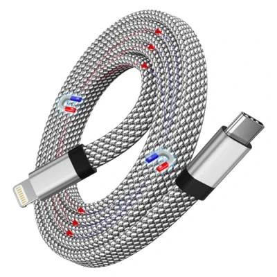 Image of Magtame Magnetic USB C to Lightning Cable for iPhone, 1M Coiled iPhone Charger Cord Nylon Braided Transfer Cord, MFi Certified Compatible with 14/13/12/11 Pro Max/XS MAX/XR/XS/X/8 SE Flat