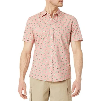 Image of Amazon Essentials Men&#039;s Slim Fit Short Sleeved Button Down Printed Shirt, Pink Fruit, XL