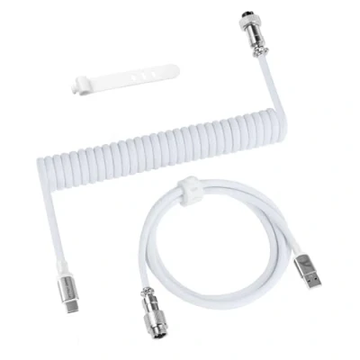 Image of ATTACK SHARK C01 PRO Coiled USB C Cable for Gaming Keyboard, Type to A, Custom Braided Double Sleeved Mechanical Keyboard Charger with Detachable Aviator Connector, White