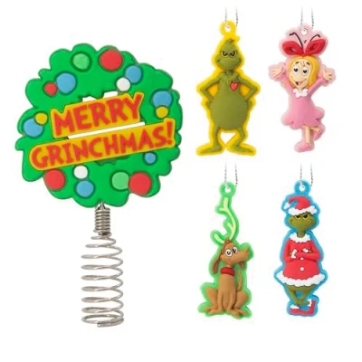 Image of Hallmark Dr. Seuss&#039;s How the Grinch Stole Christmas! 5&quot; Miniature Christmas Tree Topper and Mini Ornaments, Set of 5, Shatterproof