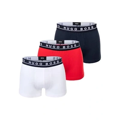 Image of BOSS Hugo mens 3 pack boxer briefs trunks underwear set white blue red 50492302 Trunk 3p CO/EL (as8, alpha, x_l, regular, regular)