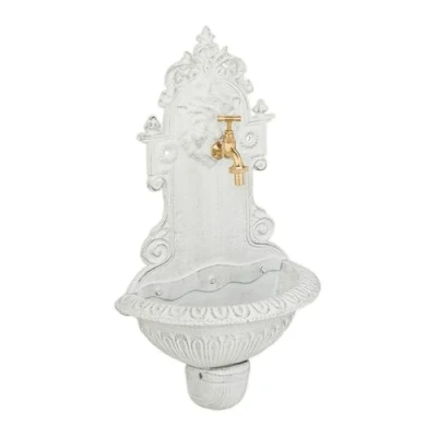 Image of Relaxdays Wall Fountain, Vintage Design, Basin &amp; Water Tap, for Garden Patio, HWD: 61 x 35 18 cm, Cast Iron, White, Brass