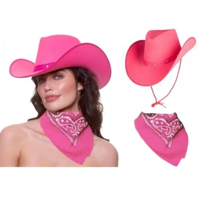 Image of Hot Pink Texan Cowgirl Hat + Bandana : Adult Ladies Women Hen Night Wild West Cowboy Music Festival Pop Tour Fancy Dress Accessory