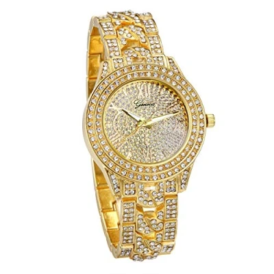 Image of JewelryWe Men Women Watches Gold Tone Alloy Quartz Watch Stylish Rhinestone Business Casual Dress Wristwatches for Fathers Day