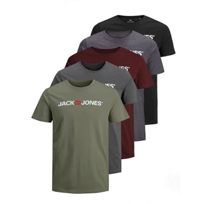 Image of JACK &amp; JONES Men&#039;s T Shirt Logo Tee Crew Neck Pack of 3, 5 (Pack A), L