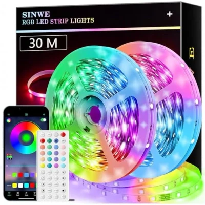 Image of SINWE 30M Led Strip Lights, Music Sync Lights with 44 Keys Remote and App Control, Color Changing RGB for Bedroom Room Home Kitchen Party Christmas Decoration (100ft)