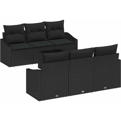 Image of vidaXL 7 Piece Garden Sofa Set with Cushions Black Rattan