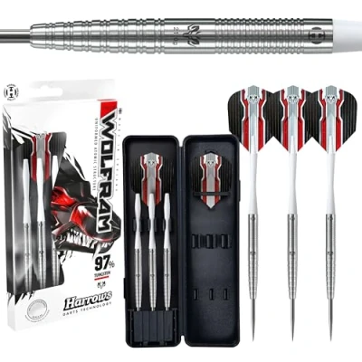Image of Harrows Wolfram 97% Tungsten Steel Tip Darts Set 21g, 22g, 23g, 24, 25g &amp; 26g Includes Speedline Shafts, Marathon Flights Travel Case (25g)
