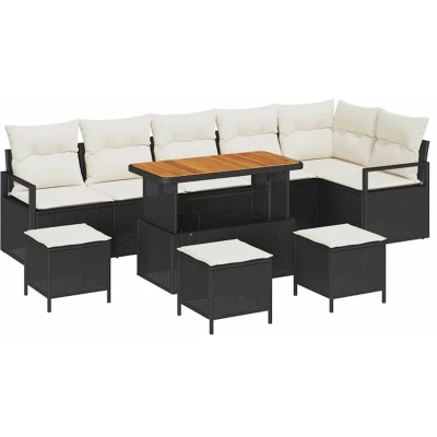 Image of vidaXL 10 Piece Garden Sofa Set with Cushions Black Poly Rattan Acacia