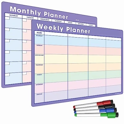 Image of TMS A3 Monthly Planner Whiteboard Magnetic Fridge Calendar for Meal Prep, Work or Family Planning Made in the UK (A3 + A3, Purple &amp; Pastel Combo)