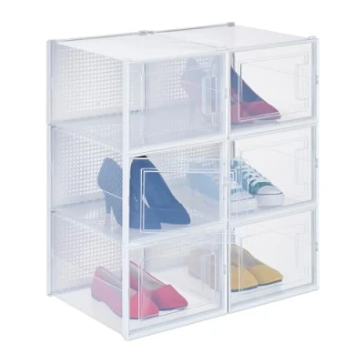 Image of Relaxdays 6X Shoe Box, Footwear Organiser, Stackable, Plug in, Size 48, Ventilation Slots, 21 x 28 36 cm, Transparent