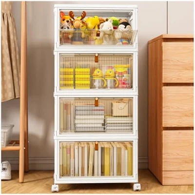 Image of Storage Boxes with Lid, Plastic 1 Lid 28L/Tier, 4 Tier Stackable Wheels, Folding Bins, Organizer for Bedroom Living Room Study Office