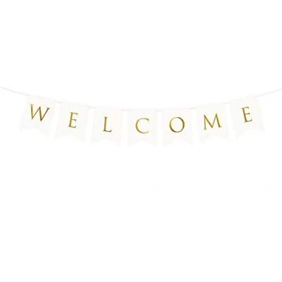 Image of PartyDeco Garland Bunting Banner, White and Gold Welcome, Wedding Wall Hanging Decoration, 15 x 95 cm