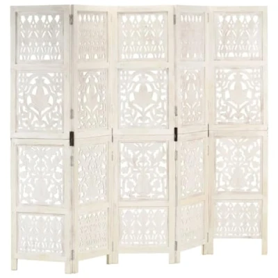 Image of vidaXL Solid Mango Wood Hand carved 5 Panel Room Divider Partition Decorative Wooden Screen Folding Privacy White 200x165cm