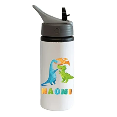 Image of Printaname Dinosaur Personalised Kids Drinks Sports Childrens Water Bottle 600ml Aluminium Flip up Lid
