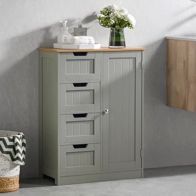 Image of Bath Vida Bathroom Cabinet 4 Drawer Floor Storage Cupboard Wooden Unit With 1 Door, Height Adjustable Shelf (Grey &amp; Oak)