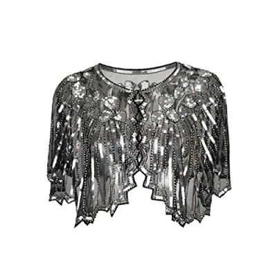 Image of Grouptap 1920s silver black shawl gatsby bolero sequin cape shrug wrap for women ladies flapper art deco vintage dress costume (Silver, One Size)