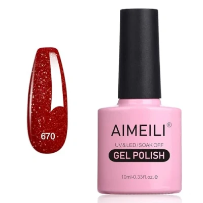 Image of AIMEILI Christmas Red Glitter Gel Nail Polish, UV/LED Soak Off Sparkly Shiny Polish French Gel, Lamp Art Manicure Salon DIY at Home, Long Lasting &amp; Easy to Apply 10ML (670)