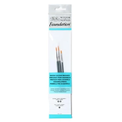Image of Winsor &amp; Newton Foundation Water Colour, Wood, Watercolor Paint Brush, 3er Set Rundpinsel Nr. 3, 5, Flachpinsel Nr.1,kurzer Stiel