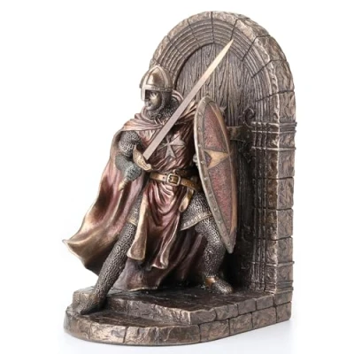 Image of Maltese Crusader Statue in Armor Guarding Door Holding Shield &amp; Sword Bookend