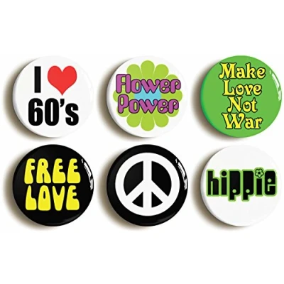 Image of 6 x&quot;SIXTIES FLOWER POWER HIPPIE&quot; FANCY DRESS BADGES BUTTONS PINS (1inch/25mm diameter)