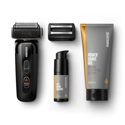 Image of MANSCAPED® The Chairman™ PRO Package Men’s Foil Shaver with Two Interchangeable Blades, SkinSafe® Four Blade &amp; Stubble Trimmer, Power Shave Gel, Face Soother Aftershave Serum