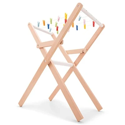 Image of New Classic Toys 18350 Wooden Drying Rack Including Clothespins, Brown, Medium
