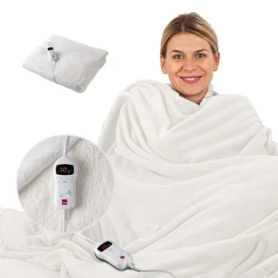 Image of Sensio Home Luxury Heated Throw Electric Blanket Cream, Flannel Fleece with Teddy On The Inside, Machine Washable, Digital Remote 10 Heat Settings and Timer