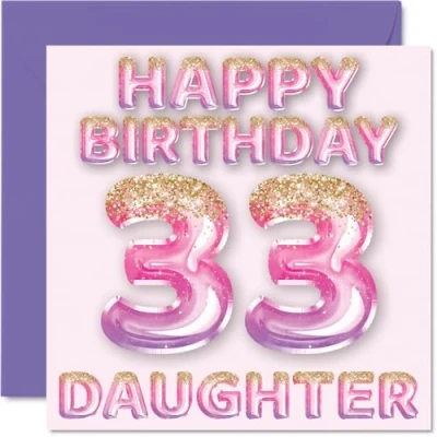Image of 33rd Birthday Card for Daughter Pink &amp; Purple Glitter Balloons Happy Cards 33 Year Old from Mum Dad Parents, 145mm x Bday Greeting Gift