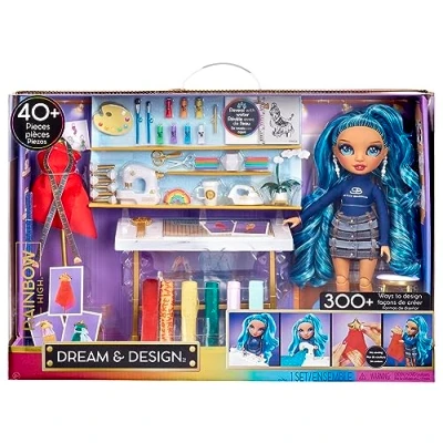 Image of Rainbow High Dream &amp; Design Fashion Studio Playset Designer with Blue Skyler Bradshaw Doll and Easy No Sew Kit Great for Kids 4 12 Years Old Collectors