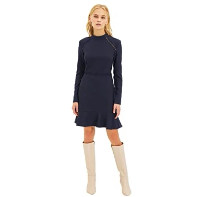 Image of Trendyol Women Midi Skater Fitted Woven Dress Navy Blue