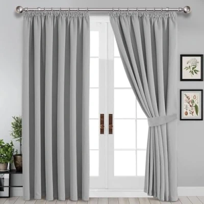 Image of Imperial Rooms Blackout Pencil Pleat Curtains for Bedroom 66 x 90 Drop Inch Light Grey Thermal Insulated Window Treatments, 2 Panels with Tiebacks