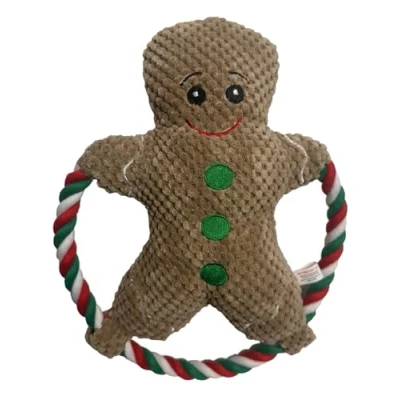 Image of Dog Interactive Christmas Pet Plush Chew Toy Squeak Honking Santa Snowman Reindeer Penguin Turkey Toys Soft Natural Corduroy Stuffed Xmas Gift (Ginger Bread Rope Ring)