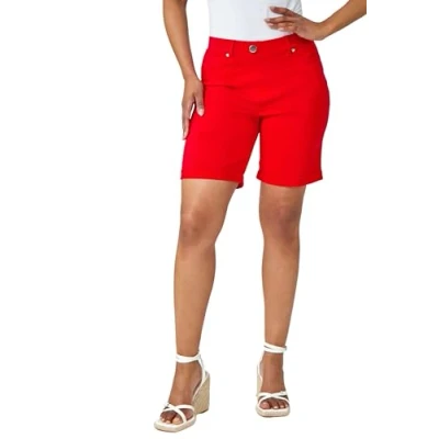 Image of Roman Originals Stretch Shorts for Women UK Ladies Pull On Turned Hem Cut Off Bengaline Mom Boyfriend Boy Denim Casual Cropped Pants Capri Slim Fit Turn Up Summer Crops Mother Red Size 18