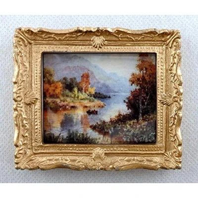 Image of Melody Jane Dolls House Miniature Scenic Scottish Loch Painting Gold Frame