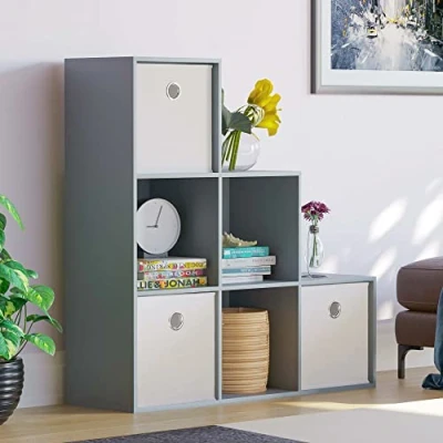 Image of Vida Designs Durham Staircase Bookcase Shelves Storage Organiser Living Room Furniture (6 Cube &amp; 3 White Baskets, Grey)