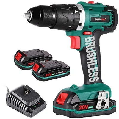 Image of Cordless Drill Driver, Brushless 20V Hammer with 2Pcs 2.0Ah Batteries Combi Set, 50N.m Electric Screwdriver, 19+3 Torque Settings, 2 Variable Speed, 1/2&quot; Metal Chuck Impact