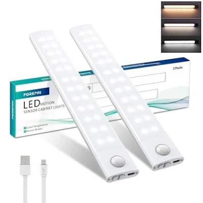 Image of Under Cupboard Kitchen Lights, 2 Pack 40 LED Motion Sensor Cabinet Lights Indoor with Magnetic Strip, 20cm USB Rechargeable 3 Color Temperature Dimmable Night for Closet Hallway Wardrobe