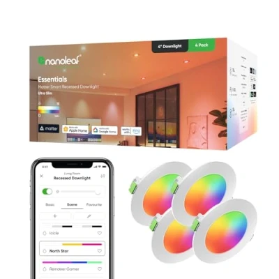 Image of Nanoleaf Matter Smart RGBCW Downlights 4 Dimmable Recessed Ceiling Lights, 6W Colour Changing LED Down Lights Bluetooth over Thread, App &amp; Voice Control (Google, Apple Home), Decor Gaming